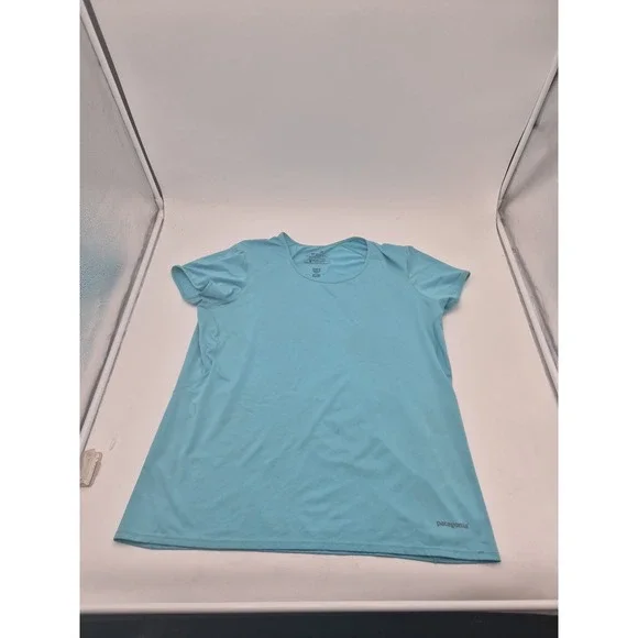 Patagonia Womens Blue Short Sleeve Performance T-Shirt Top - Size Large Stains - Picture 1 of 9